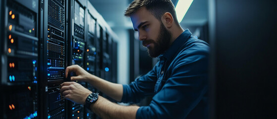 IT technician installing and configuring hardware systems in a corporate office.