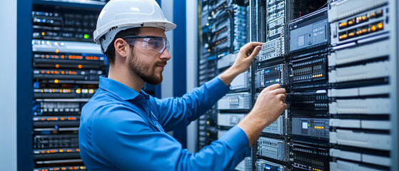 IT technician installing and configuring hardware systems in a corporate office.