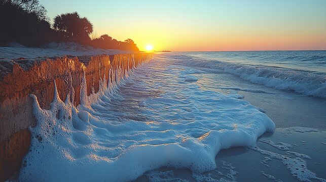 A break wall on a Florida beach indicates the rising sea levels caused by climate change and the subsequent denial of these environmental threats.