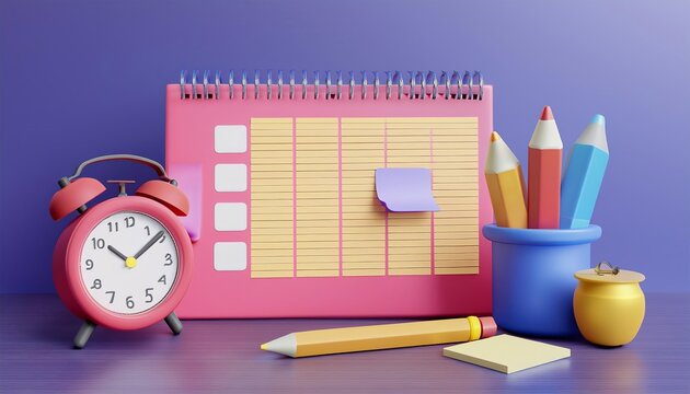 A colorful desk setup featuring a calendar, sticky notes, an alarm clock, colored pencils, and a pen, creating an organized study environment.