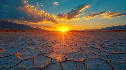 A breathtaking sunset illuminates a cracked desert landscape, symbolizing the fragility of life and resilience in the face of climate change.