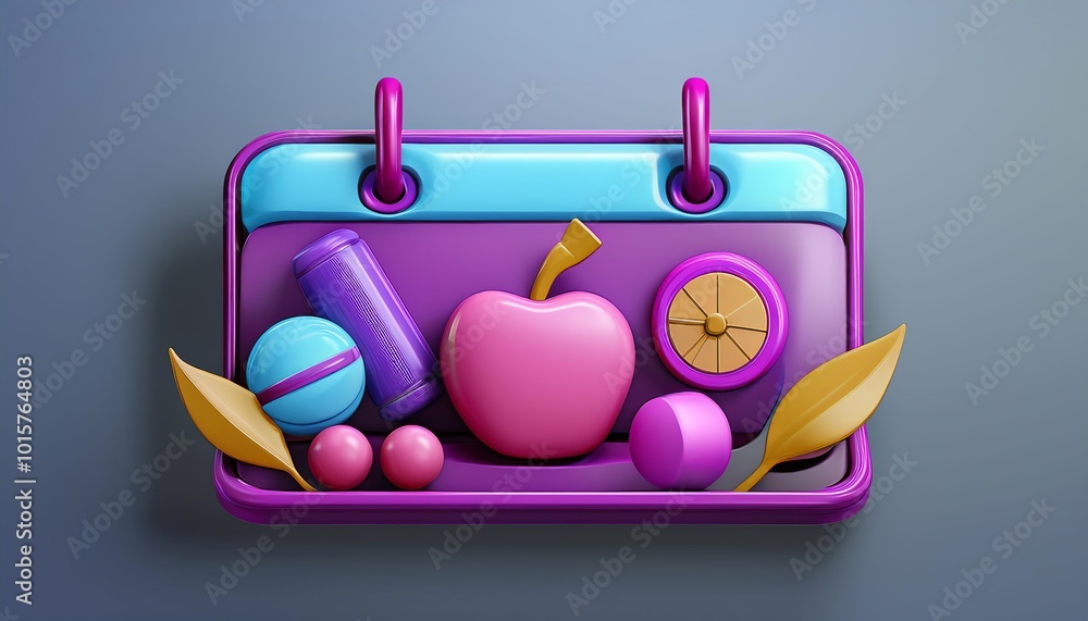 Poster a colorful calendar icon featuring various fruits and objects, rendered in a playful, stylized desig