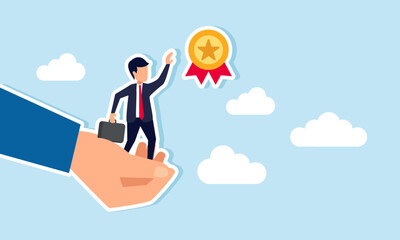A hand assisting a businessman tries to help him reach for an award medal, illustration of support from a third party in achieving business success or completing a project.