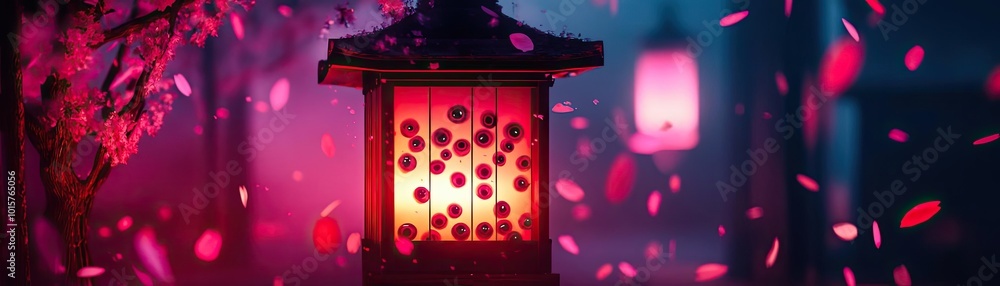 Poster a vibrant lantern illuminates a serene night scene, surrounded by falling petals and soft light, cre