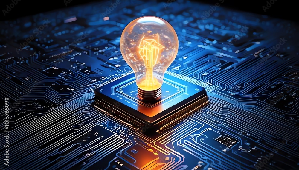 Poster a light bulb illuminates a microchip, symbolizing innovation and the intersection of technology and 
