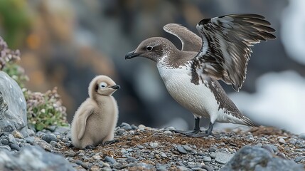 Fototapeta premium A brown skua feasts on a penguin chick near Elephant Island in Antarctica, showing the harsh realities of survival in nature.