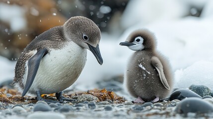 Fototapeta premium A brown skua feasts on a penguin chick near Elephant Island in Antarctica, showing the harsh realities of survival in nature.