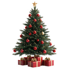 Christmas tree with red ornaments and golden gifts underneath on a transparent background.
