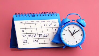 A blue alarm clock next to a calendar, set against a pink background, symbolizes time management and organization.