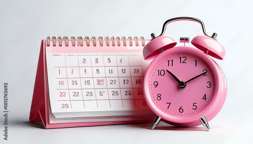 Poster a pink alarm clock and a calendar are displayed, symbolizing time management and scheduling in a vib