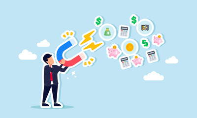 A businessman holding a magnet is attracting financial elements, illustration of the effort to acquire targetable financial resources for the company.