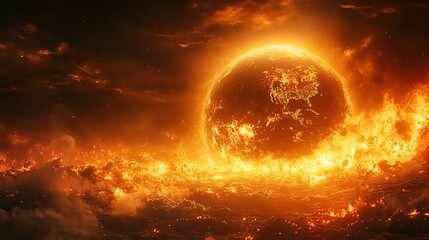 A burning planet Earth, engulfed in flames, represents the urgent dangers of global warming and environmental destruction.