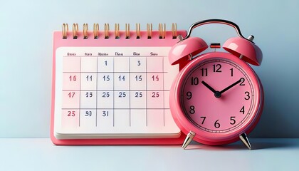 A pastel pink calendar and alarm clock sit together, symbolizing time management and scheduling.
