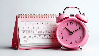 A pink alarm clock and a calendar are displayed, symbolizing time management and scheduling in a vibrant and playful design.