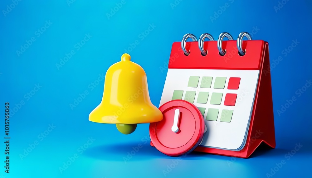 Poster a colorful calendar with a yellow bell and a circular red badge, symbolizing reminders and schedulin