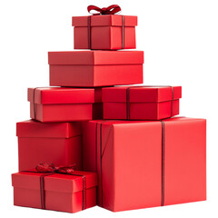 Stack of red gift boxes tied with ribbon on a transparent background.
