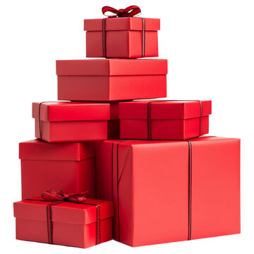 Stack of red gift boxes tied with ribbon on a transparent background.
