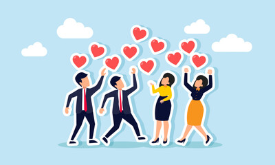 Several businessmen scrambling for flying heart symbols, illustration of the competition for market engagement or battling for market share