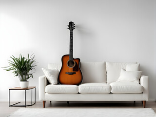 Comfortable sofa with guitar near white wall