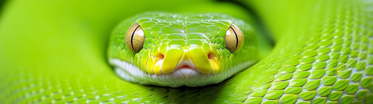 a green tree python with its head tilted slightly downward, staring directly at the camera. 