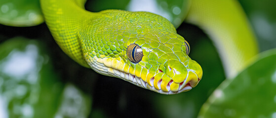 Fototapeta premium a green tree python with its head tilted slightly downward, staring directly at the camera.