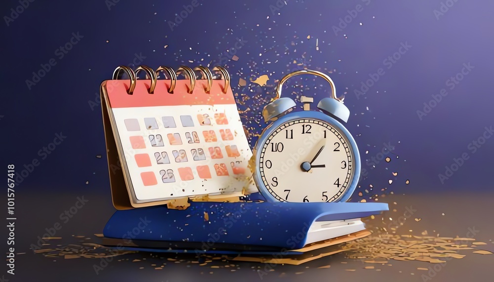 Poster a blue clock and a calendar are dynamically arranged, with a colorful backdrop and an explosion of p