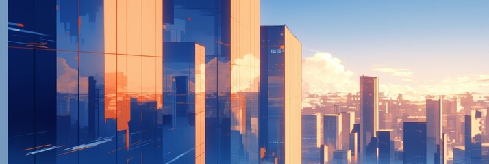 A stunning cityscape featuring skyscrapers reflecting in glass windows at dusk, showcasing the intricate urban architecture and corporate office buildings.