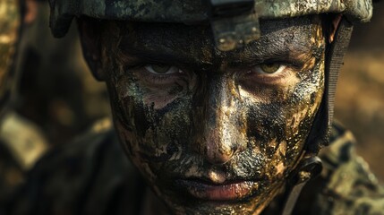A soldier with camouflage paint, focused and determined in a military setting.