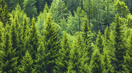 Lush green trees in a forest composed of old spruce, fir, and pine, showcasing a healthy and vibrant ecosystem.

