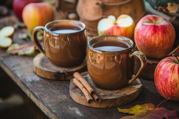A cozy gathering showcases a charming table adorned with steaming mugs of spiced cider and fresh apples, evoking autumn's warmth.