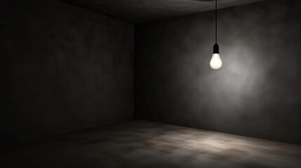 Dark empty room with single flickering light bulb casting long shadows, emphasizing absence of power and eerie atmosphere, minimalist setting with focus on light bulb's glow.