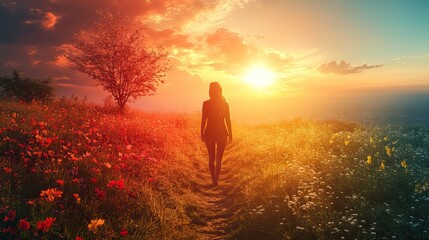 Obraz premium A businesswoman envisions a transformation from barren landscapes to blooming spring, representing environmental sustainability.