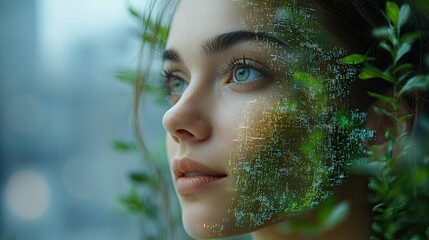 A businesswoman uses modern technology to reduce emissions and promote sustainable innovation for a greener future.