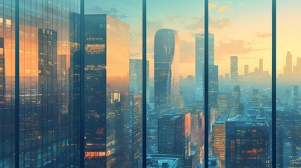 A stunning cityscape featuring skyscrapers reflecting in glass windows at dusk, showcasing the intricate urban architecture and corporate office buildings.