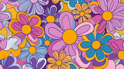 Floral design with colorful floral patterns, pink, yellow and orange, posters from the 70s, simple design