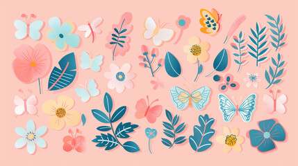 A set of stickers with spring flowers, leaves and butterflies in a flat vector on a pastel pink background.