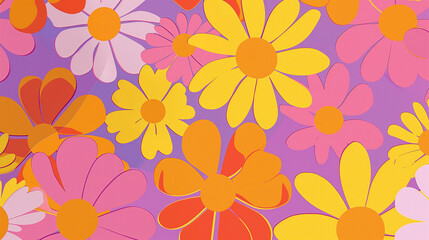 Floral design with colorful floral patterns, pink, yellow and orange, posters from the 70s, simple design