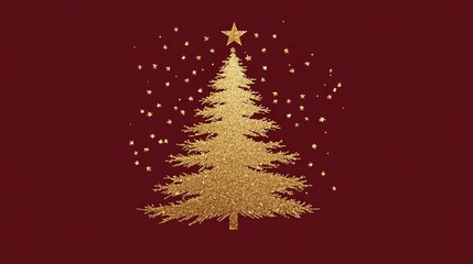 minimalist golden christmas card with a golden xmas tree on a dark red background