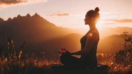 Silhouetted woman meditates in the mountains at sunset
