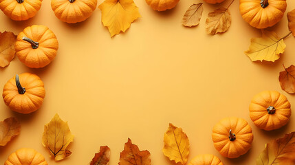 Autumnal Background with Pumpkins and Leaves Arranged Around a Yellow Space