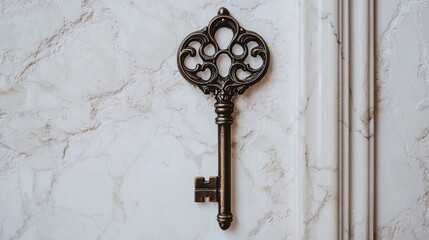 An ornate key against a light backdrop highlights exquisite craftsmanship and timeless sophistication.