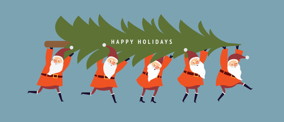 Christmas Card, Seasons greetings , cute Christmas gnomes carrying xmas tree © LenLis
