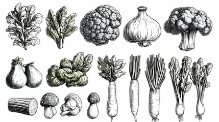 Engraved Illustration of Various Vegetables and Mushrooms, Drawn in Black and White with Some Green Tones