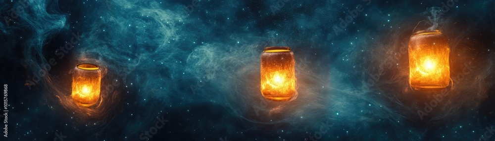 Poster magical lanterns glow in a cosmic backdrop, illuminating the dark space with enchanting light and vi