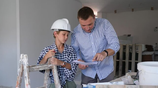 Friendly adult man with construction documents talking with preteen son and gesturing inside apartment being renovated