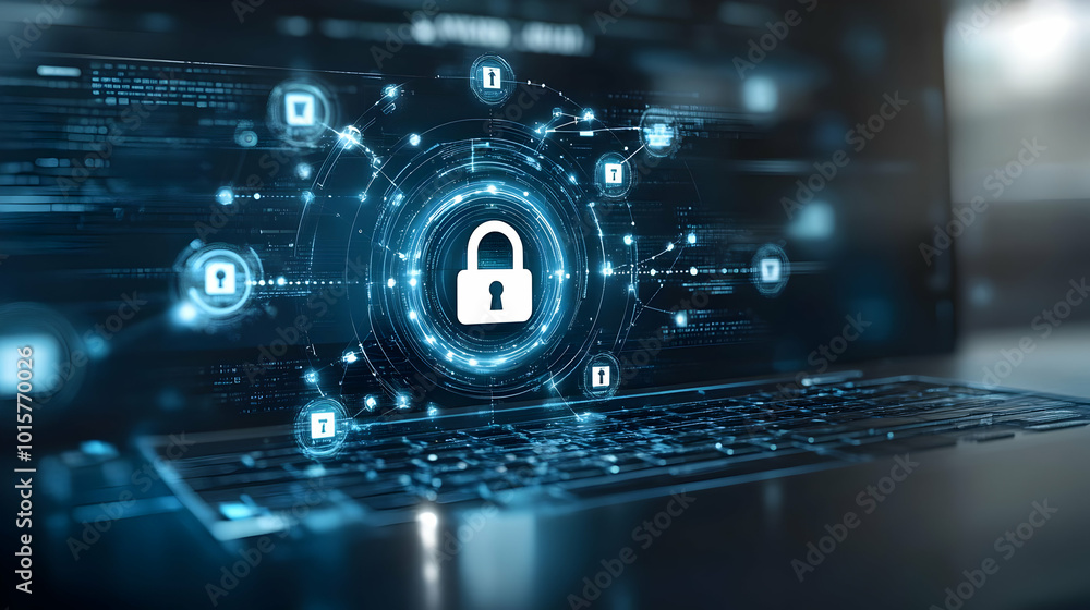 Aufkleber digital security and privacy concept with a padlock icon displayed on a laptop screen