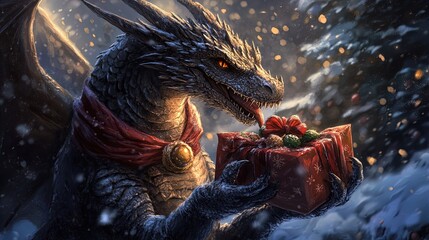 A magnificent dragon with shimmering black scales and fierce orange eyes stands majestically in a snowy landscape. Its large wings are partially spread behind it, adding to its imposing presence. Drap
