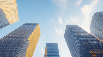 Obraz premium A stunning cityscape featuring skyscrapers reflecting in glass windows at dusk, showcasing the intricate urban architecture and corporate office buildings.