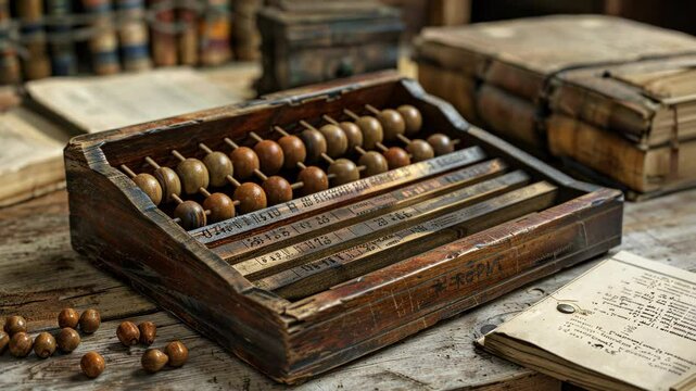 A wooden abacus sits on a desk with old books and loose beads scattered around it