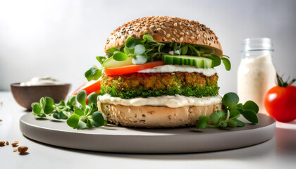 Burger with fresh vegetables and sauce, on nature white background